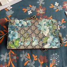 Gucci Floral Flower Print Gold Chain Flap Shoulder Bag Canvas Blue Green Brown