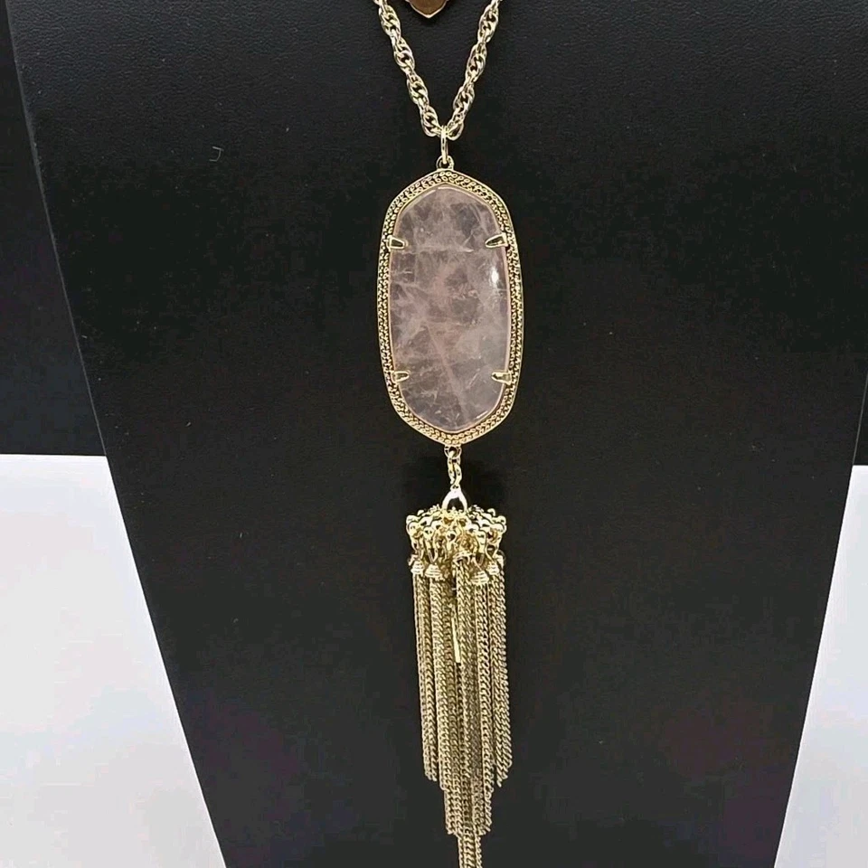 Kendra Scott Rayne 流苏项链玫瑰石英和金色长吊坠 32 英寸 Adj — 第 2/4 张图片