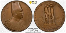 EGYPT , BRONZE MEDAL KING FUAD OFFICIAL VISIT TO ITALY  1927  PCGS SP 65 ,  RARE