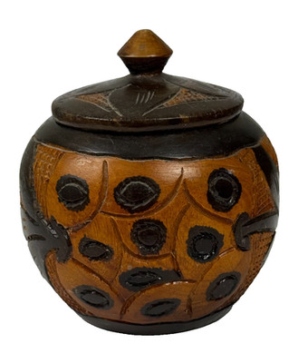 Vintage Carved Wood Jar Boho Botanical Lid Bowl Rustic Trinket Box Handcrafted