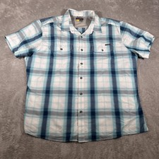 Eddie Bauer Travex Shirt Mens 2XL White Blue Plaid Short Sleeve Button Vented
