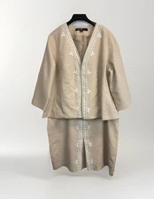 KASPER Women’s 20W Beige 2pc Skirt Suit Embroidered Linen Blend Open Front