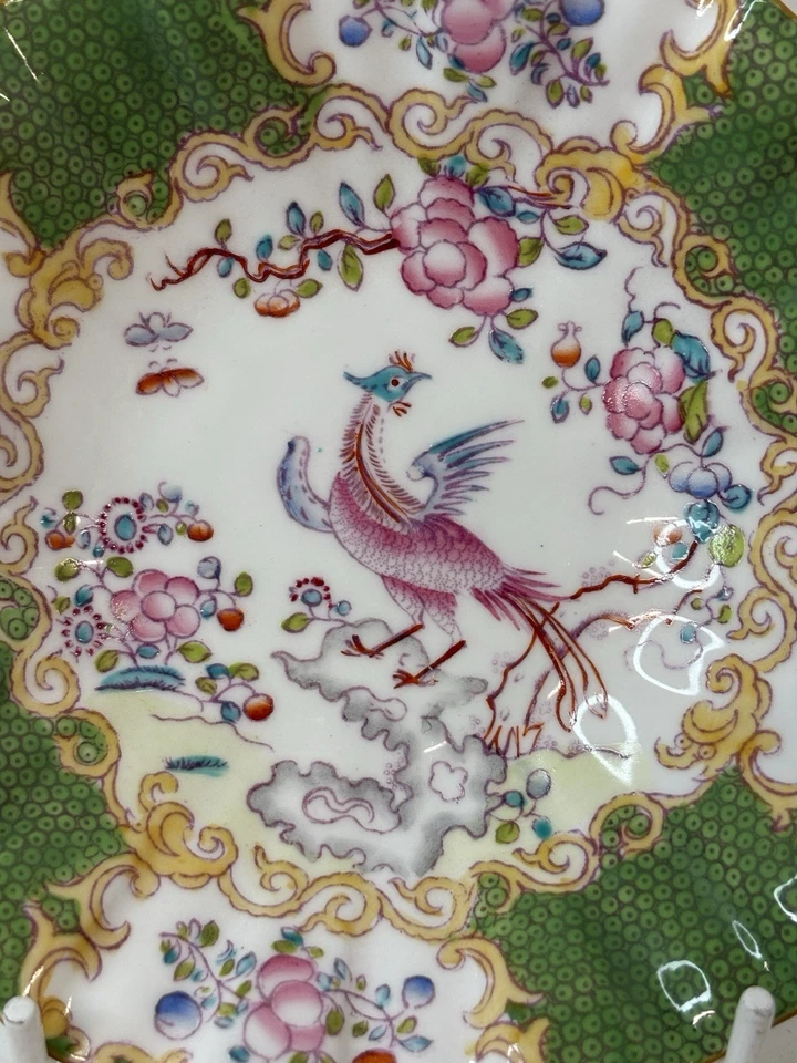 Minton Green Cockatrice Pattern fluted edged Bowl 14cm wide 3cm high VGC - Image 2 of 4