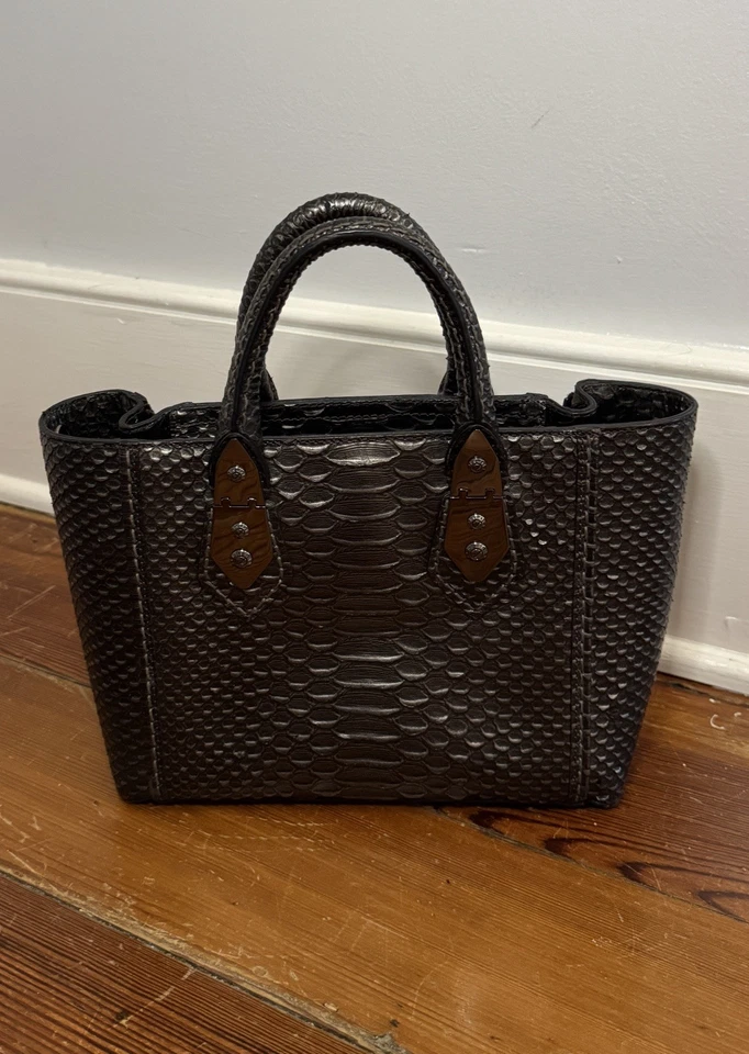 HENRI BENDEL "A-List" Small Gray Silver Snakeskin Embossed Leather Satchel Bag - Image 3 of 4