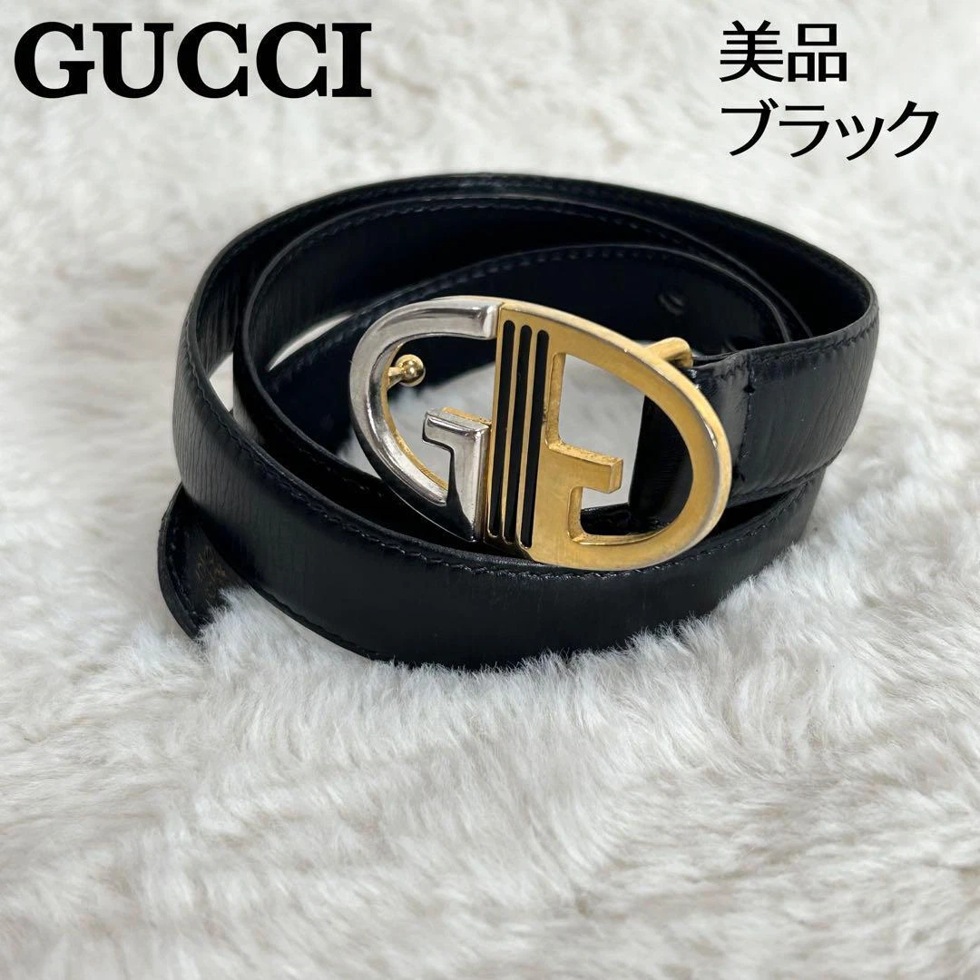 Gucci Ceinture Cuir GG Or x Argent Noir Femme Du Japon i2671
