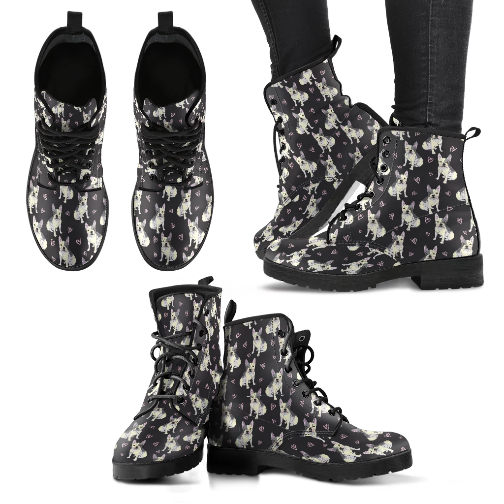French Bulldog Womens Black Boots Vegan 
