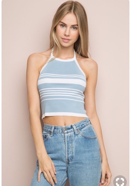 Brandy Melville Soft blue/white striped knit Adams halter top sz XS/S | eBay