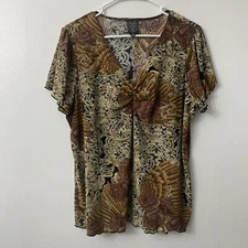Brown Metallic Print Blouse – Boho Fairy Grunge Indie Short Sleeve Top 1X