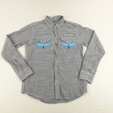 Affliction Shirt Mens Medium Gray Embroidered Button Up Buckle Black Premium