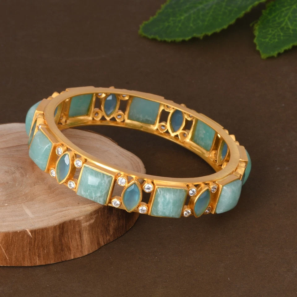 Brazaletes de mujer amazonita y calcedonia azul diseñador latón chapado en oro de 18 quilates joyería Foto 4 de 4