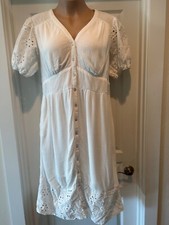 Knox Rose Dress White Eyelet Puff Sleeves And Hem Button Down Pockets Lined 2XL