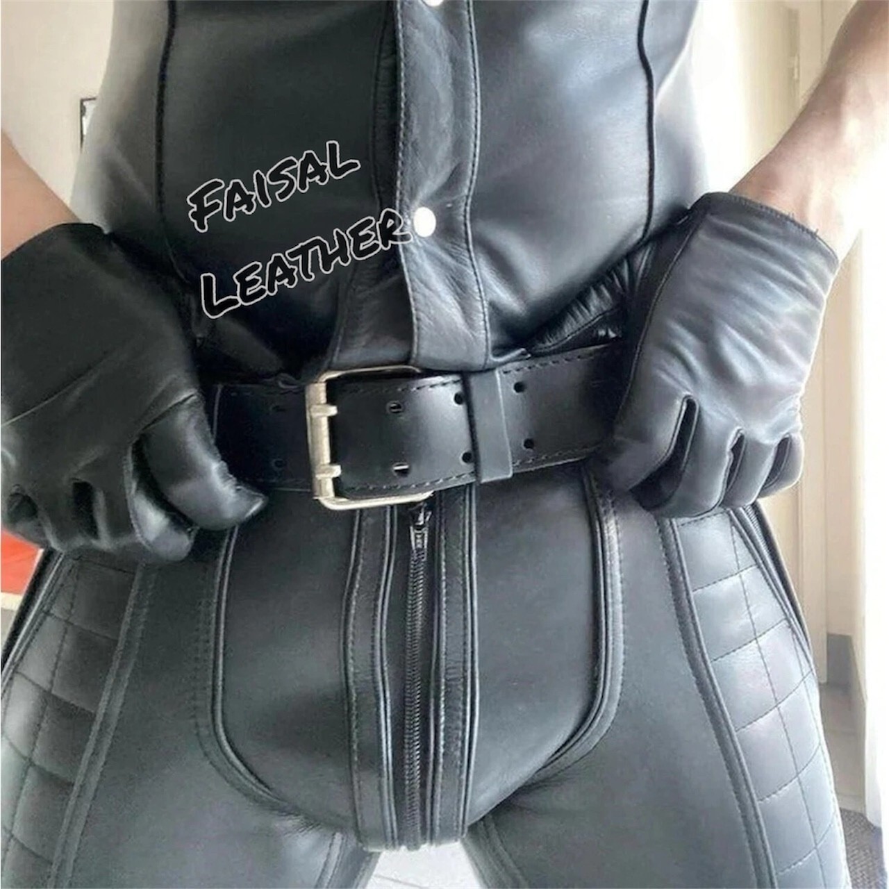 Men Cow Leather Punk Pants Double Zips Kink Gay Fashion