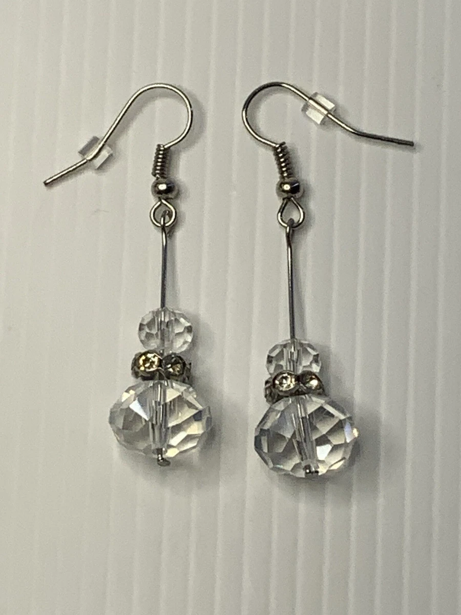 Long Crystal Clear Drop Dangle Earrings Pierced Hook Silver Plate Shiny Sparkle