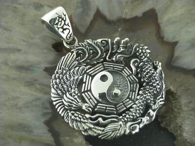 Silber Ketten Anhänger Yin Yang  Massiv Silber 925 Tattoo Style Drachen Dragon