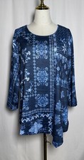 Allison Daley Women Tunic Blouse Shirt Top 3X Beaded 3/4 Sleeve Floral Blue