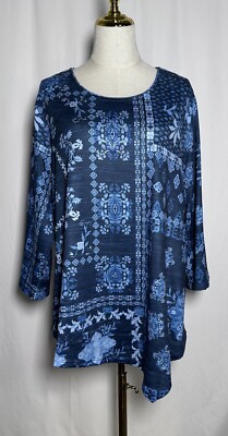 Allison Daley Women Tunic Blouse Shirt Top 3X Beaded 3/4 Sleeve Floral Blue