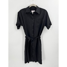 Vintage 90s Talbots Black Linen Blend Shirt Dress Tie Waist 8P Made in USA