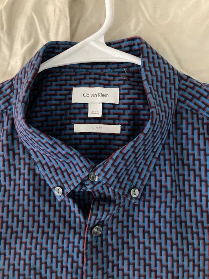Men Calvin Klein shirt LS size L Slim Fit Blue cool pattern! (see size photos) - Image 3 of 4
