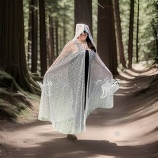 White Lacy Sheer Cloak Cape w/Hood, Witch Pagan Bridal Gold Stars Bewitching