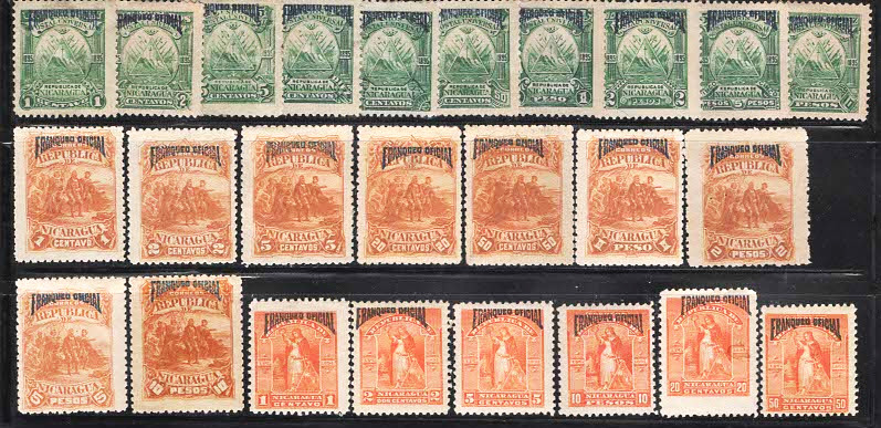 Nicaragua 1892 Collection of stamps Scott A-7 O21-O30, A-9 O42-O51, A-10 O52-O61