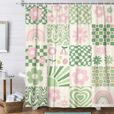 Retro Groovy Shower Curtain, Floral Checkered Abstract Green Pink Boho Shower...