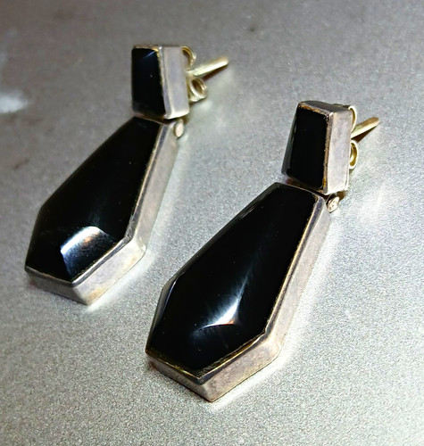 .950 Fine Silver & Black Onyx Dangle Drop Stud Hinged Earrings Tc-333 12.6Gram