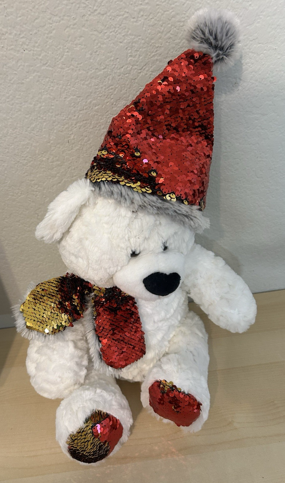 Gitzy Christmas or Winter Teddy Bear with Flip Sequin Hat and Scarf (Red)
