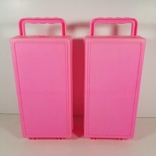 2 Vtg Hot Pink Cassette Tape Holder Lot Set Caddy Handle Storage 10ea Clik Case 