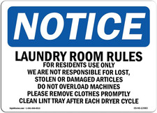 OSHA Notice Sign - Laundry Room Rules  Durable Plastic  Made in the USA