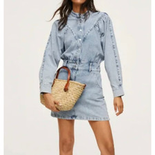 Women's Mango MNG Long Sleeve Button Front Denim Mini Dress Blue Size 10