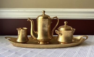 Antique Jul H. Brauer Gold Tone China Teapot, Sugar Bowl, Creamer & Tray, USA