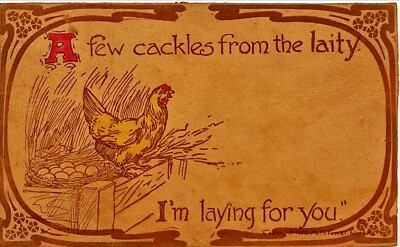 Easter Card Spring Chick Chicken Laying on Eggs Leather Artist Vtg Postcard E55