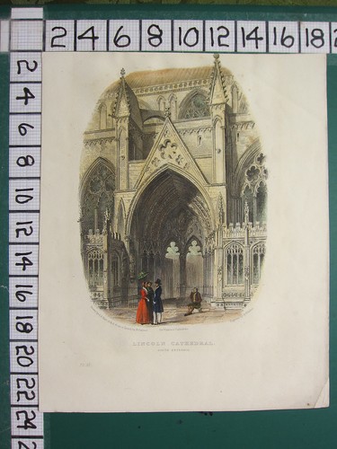 c1830 ANTIQUE PRINT ~ LINCOLN CATHEDRAL SOUTH ENTRANCE ~ HAND COLOURED