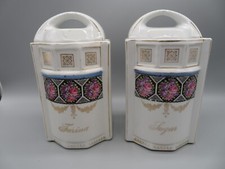 2 Vtg German Lusterware Porcelain Canisters Sugar Farina Pink Purple Flowers