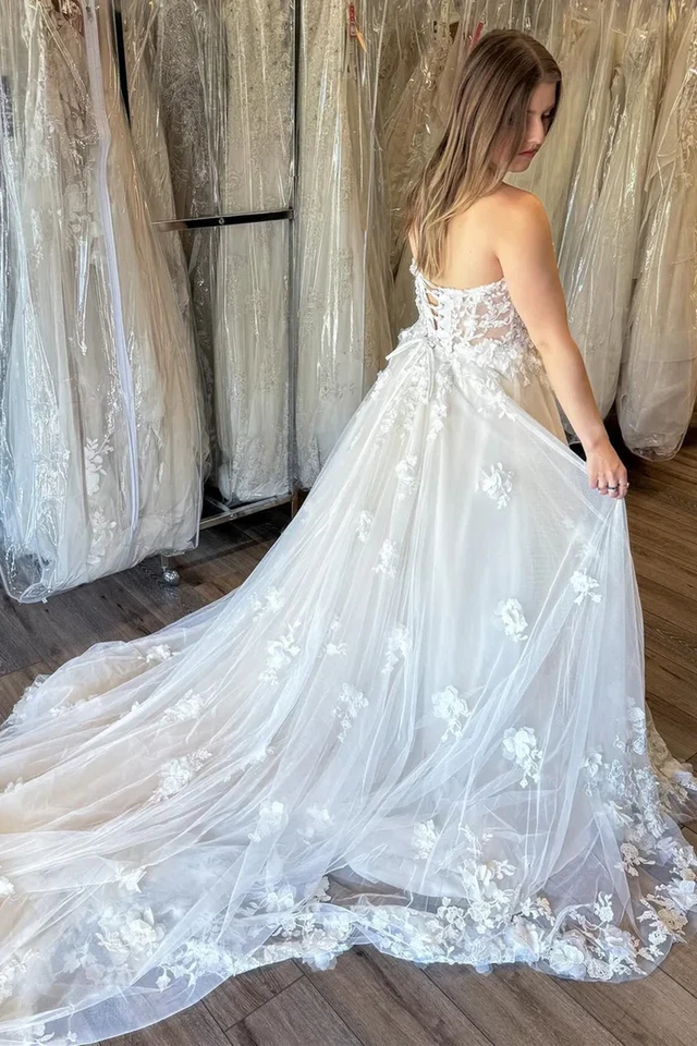 Boho свадебные платья без бретелек кружева аппликация фея пляж Sweep поезд свадебное платье - Изображение 4 из 4