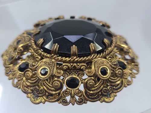 Vintage West Germany Ornate Filigree Jet Black Glass Rhinestone Brooch 2.4" - Picture 8 of 14