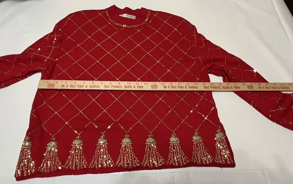 Suéter Top St John Evening Marie Gris Rojo Dorado Estampado Borla Brillante Vacaciones $$$ Foto 3 de 4