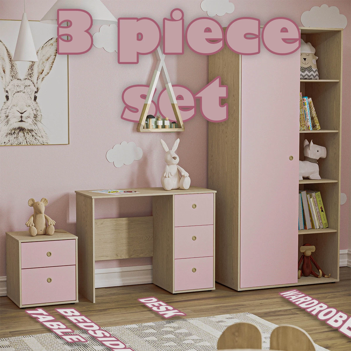 5 Drawer Chest Bedside Storage Wardrobe Double Rail Computer Desk Set Pink Kids