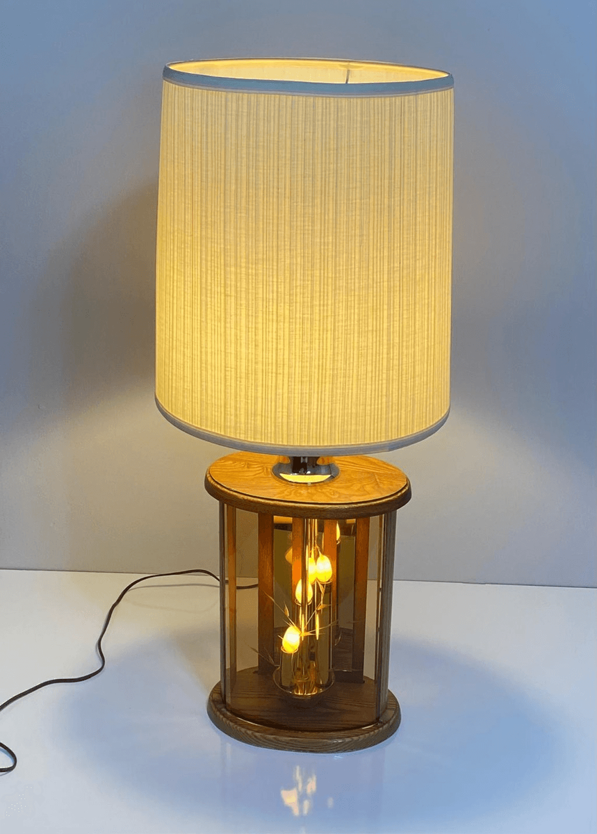 Vintage Mid-century Smoked Glass and Wood 3 Way Table Lamp 27in H