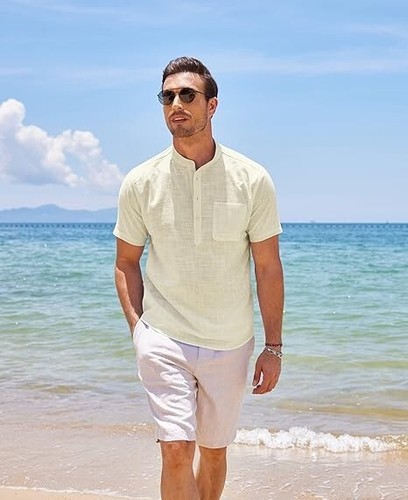 Camisa Henley COOFANDY Para Hombre Algodón Lino Manga Corta Hippie Informal Playa L - Imagen 2 de 7