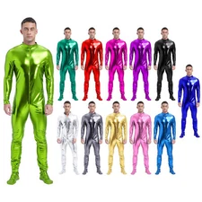 Mens Jumpsuit Party Bodysuit Male Metallic Zentai Tights Stand Collar Body Full