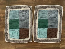 The Company Store 2 Standard Shams Quilted Patchwork Grey Blue Brown 100% Cotton