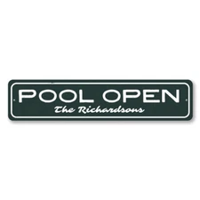 Pool Open Sign, Personalized Family Name Metal Wall Decor - Aluminum