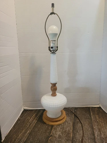Vintage White Milk Glass Hobnail Real Wood Bedside Boudoir Table Lamp