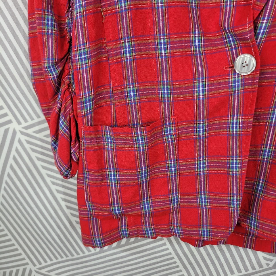 Vintage 90s Max Studio Plaid Linen Blazer Size Large Jacket Red Ruched Sleeve - Image 3 of 4