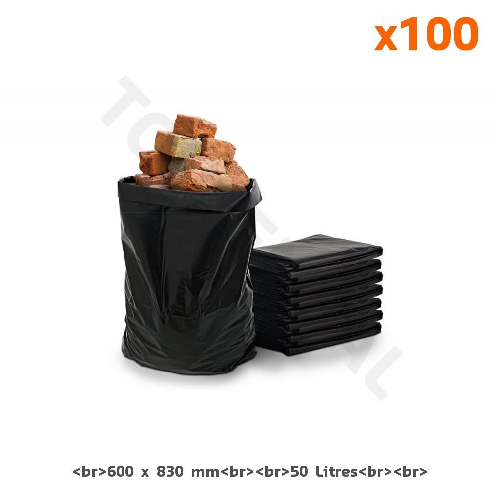 Sac de chantier noir 140µ 60L ultra-résistant pour gravats lourds x100
