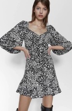 ZARA Mini Dress Balloon Sleeves Black & White Print Ruched Ruffle Size M
