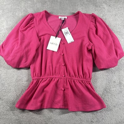 Lucky & Coco V Neck Puff Sleeve Pink Blouse Women s Size XS NWT MSRP: $68