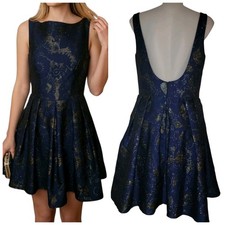Allure Bridals Sz 14 Womens Blue Embossed Brocade Whimsigoth Formal Mini Dress