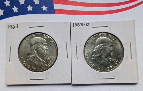 1963-P & 1963-D Franklin Half Dollars, 90% Silver AU